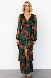 Montrouge Tiered Satin Dress | Emerald Floral - Baltic Born